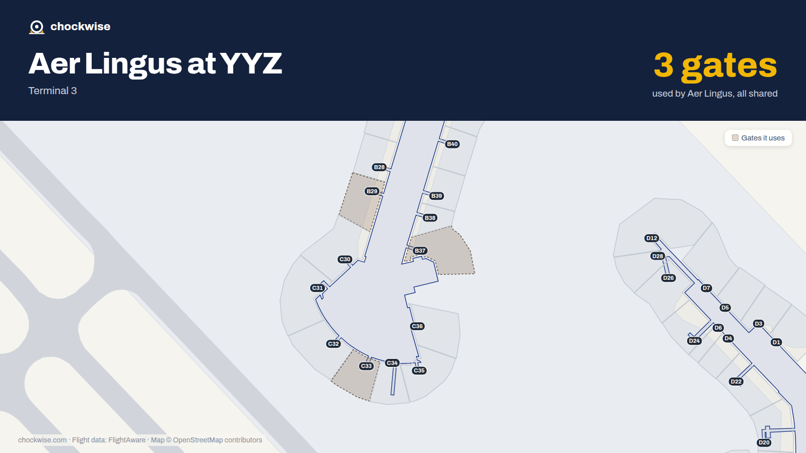 Map of YYZ with the gates Aer Lingus uses highlighted: B29, C33 and B37.