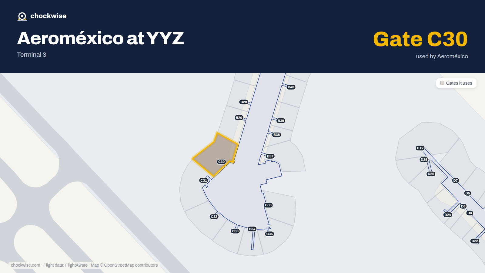 Map of YYZ with the gates Aeroméxico uses highlighted: C30.