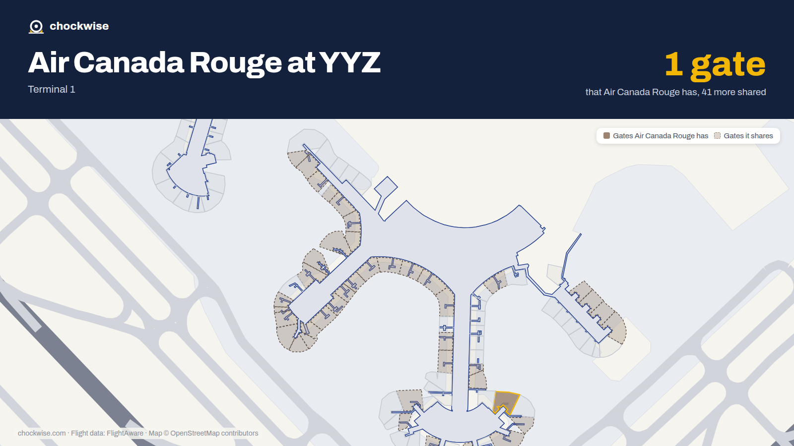 Map of YYZ with the gates Air Canada Rouge uses highlighted: E81.
