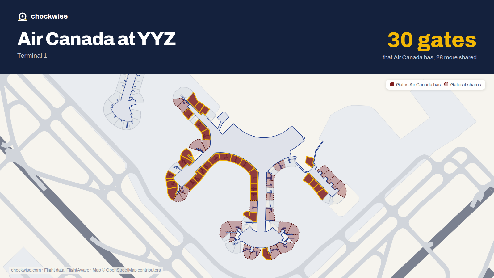 Map of YYZ with the gates Air Canada uses highlighted: D3, D5, D7, D20, D22, D24, D32, D33 and 22 more.