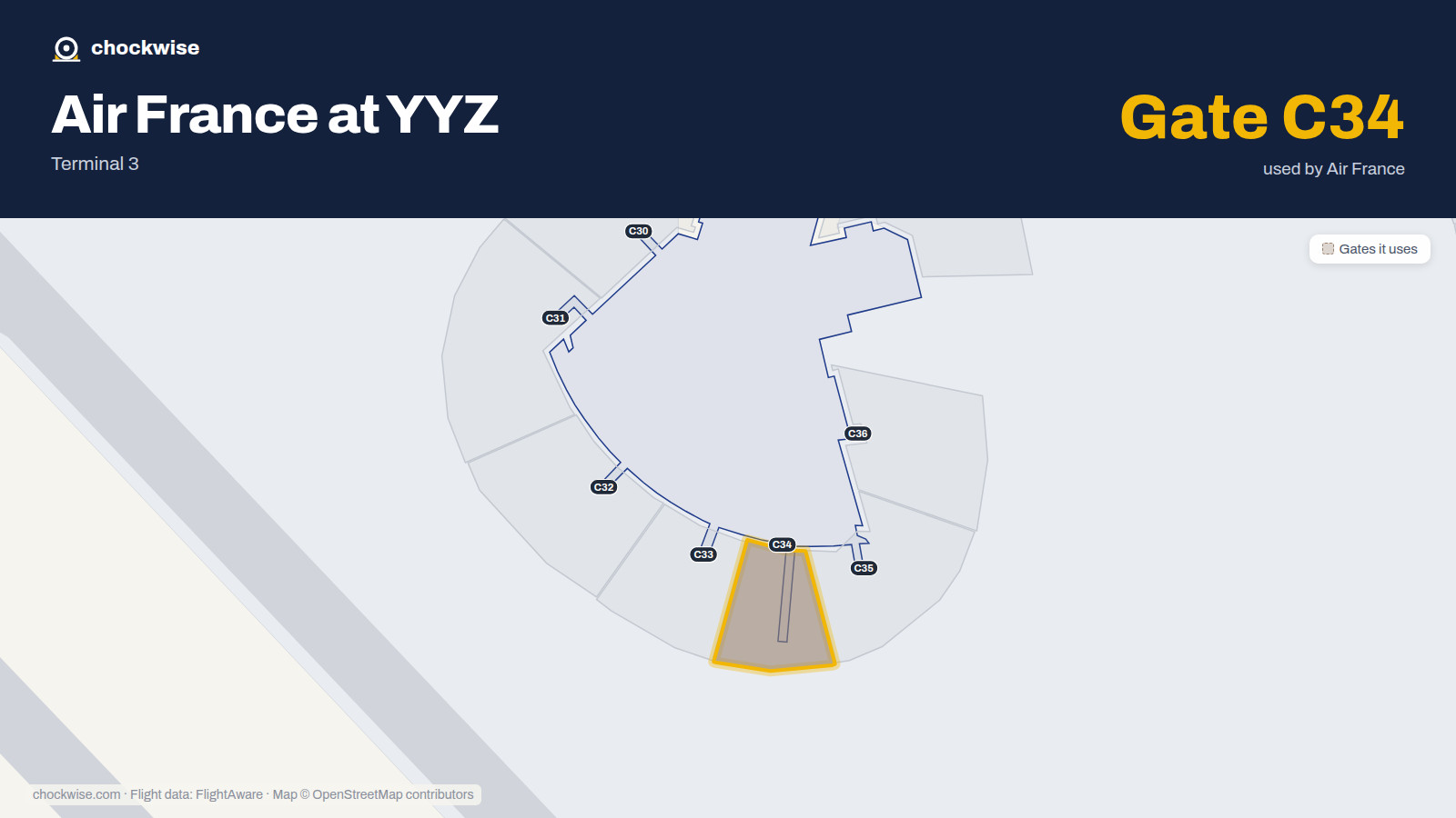 Map of YYZ with the gates Air France uses highlighted: C34.