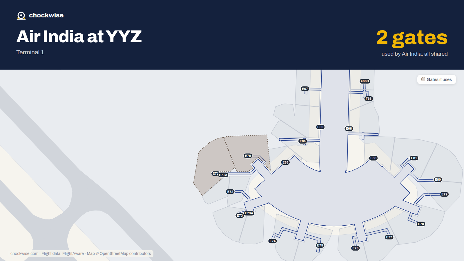 Map of YYZ with the gates Air India uses highlighted: E70 and E71.