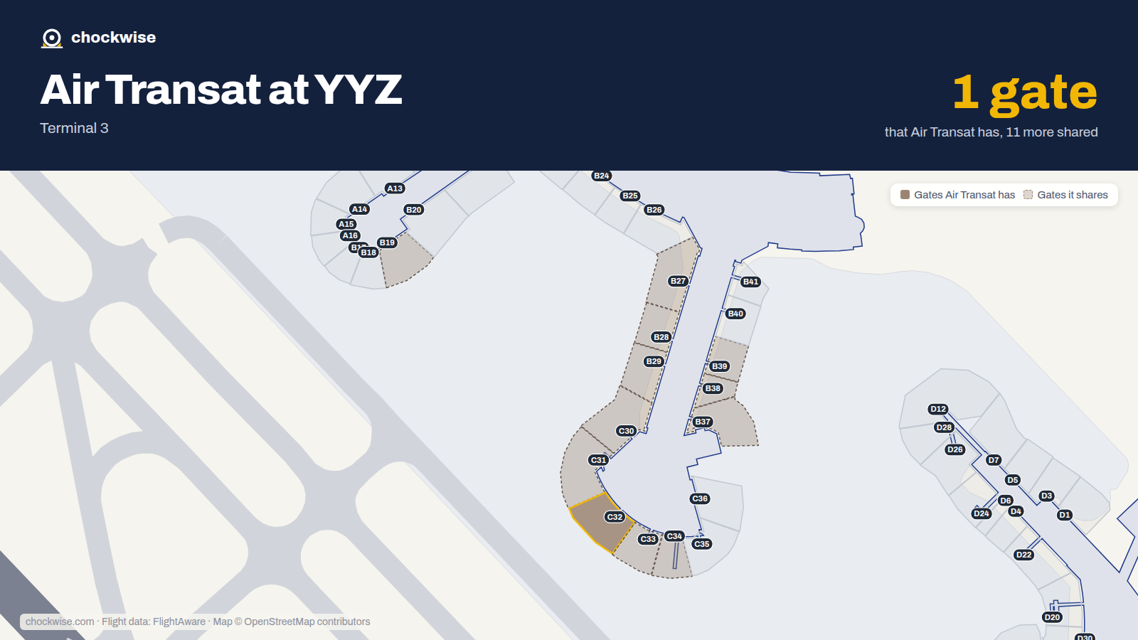 Map of YYZ with the gates Air Transat uses highlighted: C32.