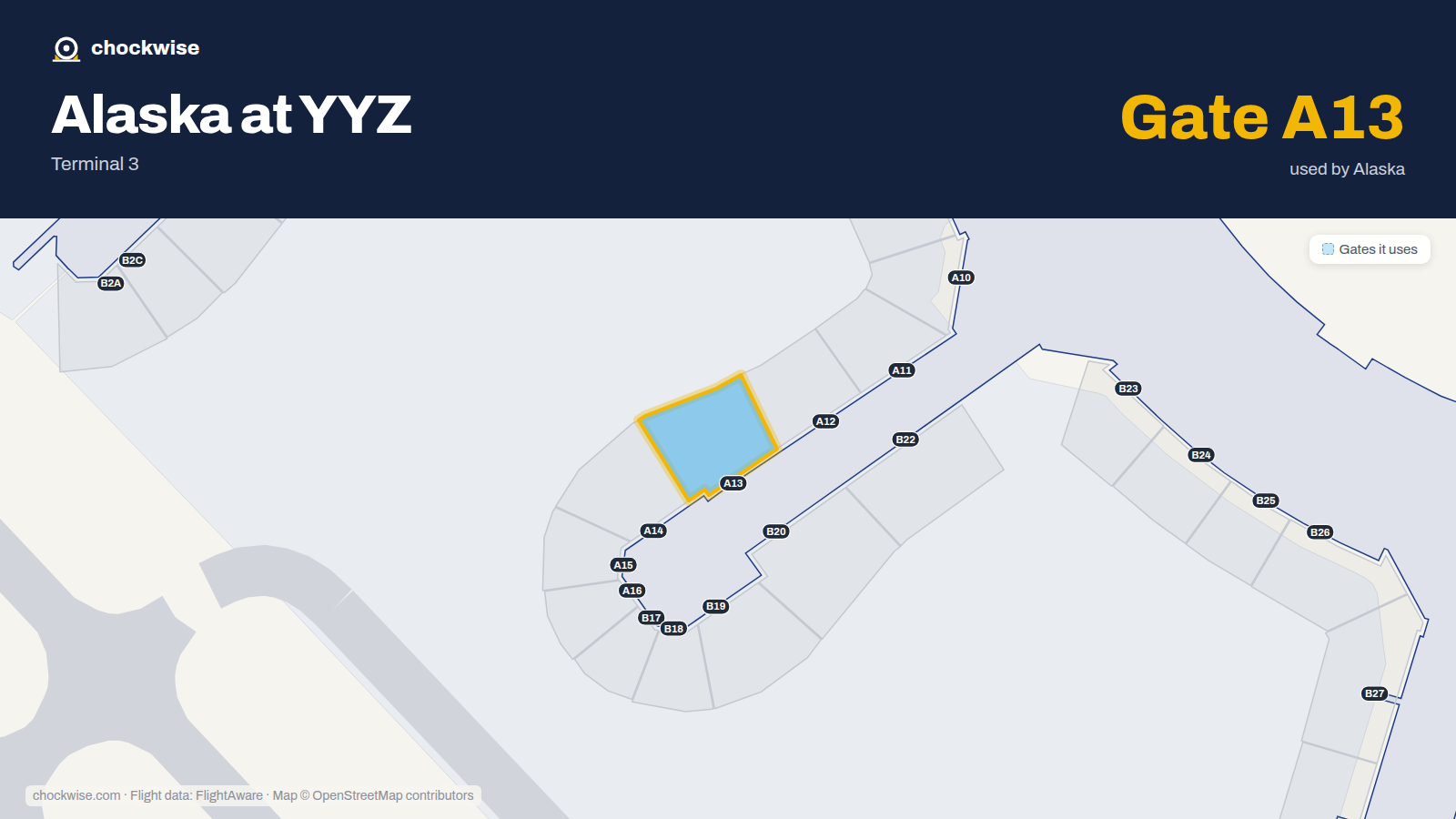 Map of YYZ with the gates Alaska Airlines uses highlighted: A13.