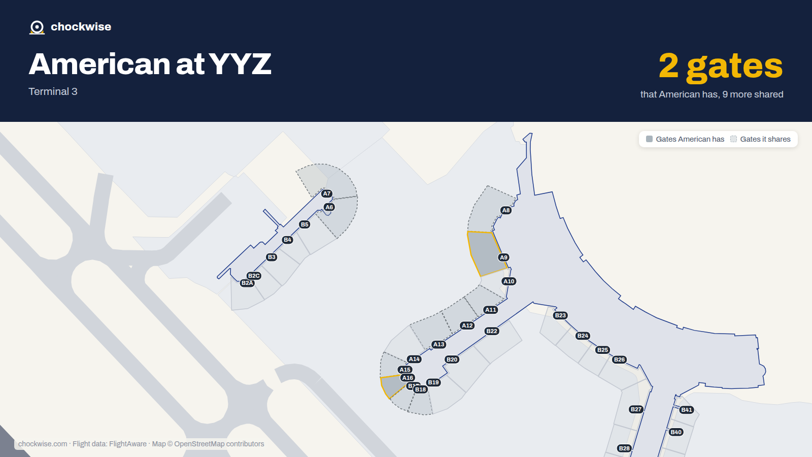 Map of YYZ with the gates American Airlines uses highlighted: A9 and A16.