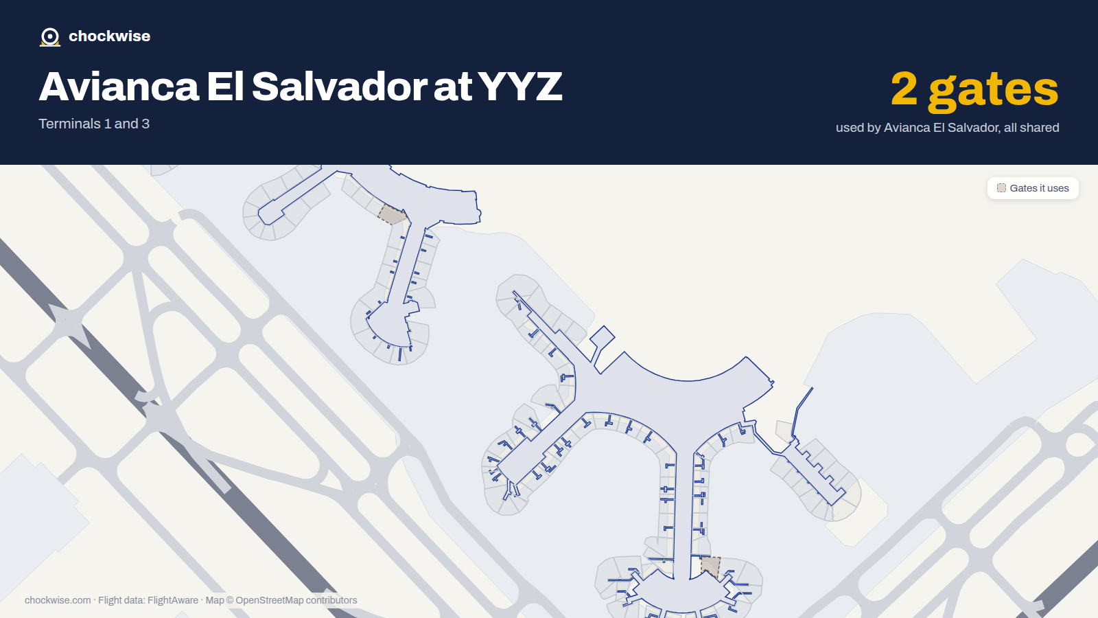Map of YYZ with the gates Avianca El Salvador uses highlighted: B26 and E83.