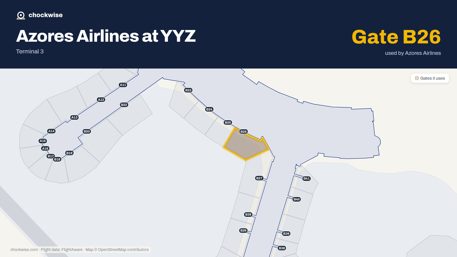 Map of YYZ with the gates Azores Airlines uses highlighted: B26.