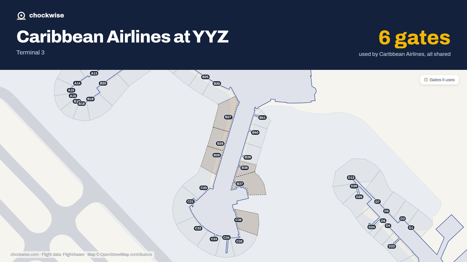 Map of YYZ with the gates Caribbean Airlines uses highlighted: B27, B28, B29, C36, B37 and B38.