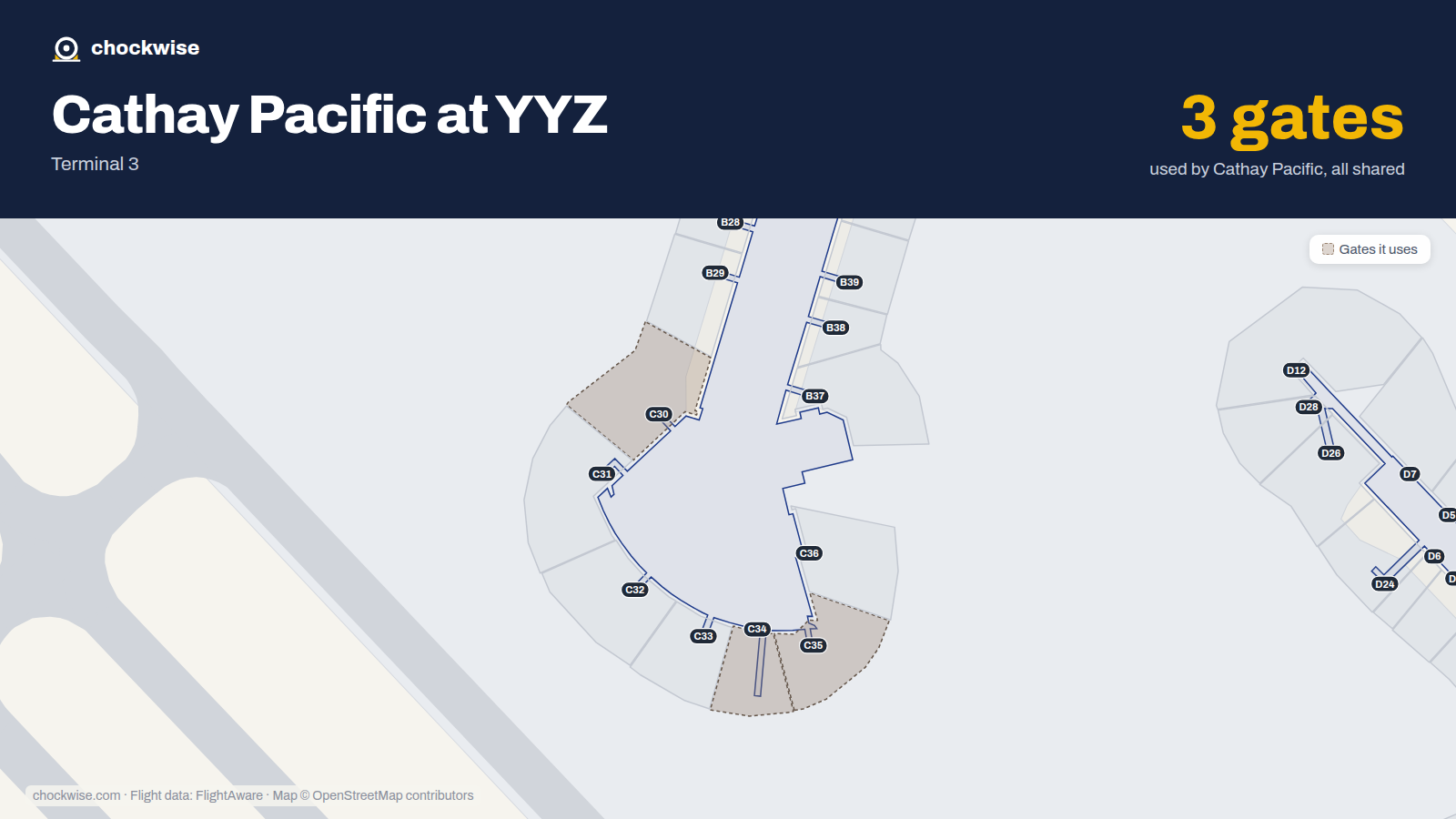 Map of YYZ with the gates Cathay Pacific uses highlighted: C30, C34 and C35.