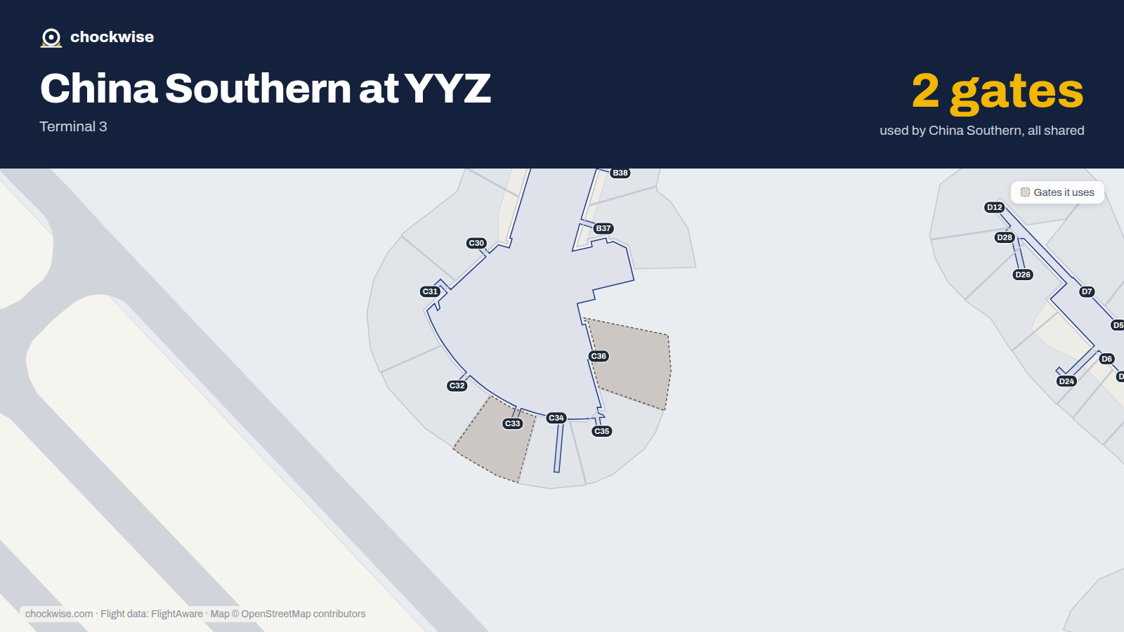 Map of YYZ with the gates China Southern uses highlighted: C33 and C36.