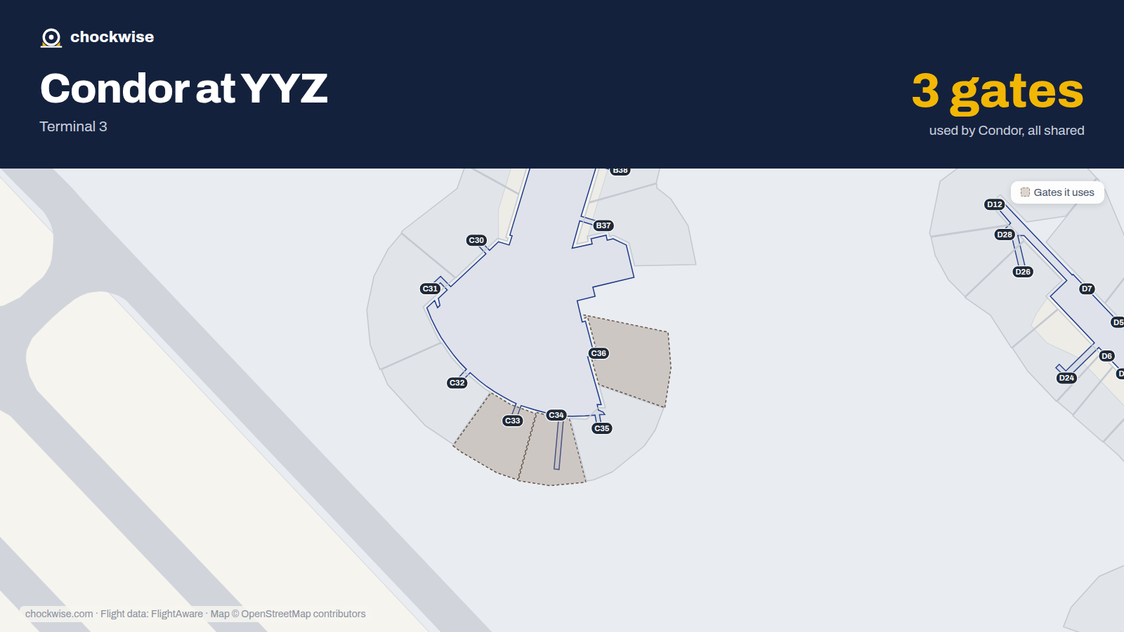 Map of YYZ with the gates Condor uses highlighted: C33, C34 and C36.