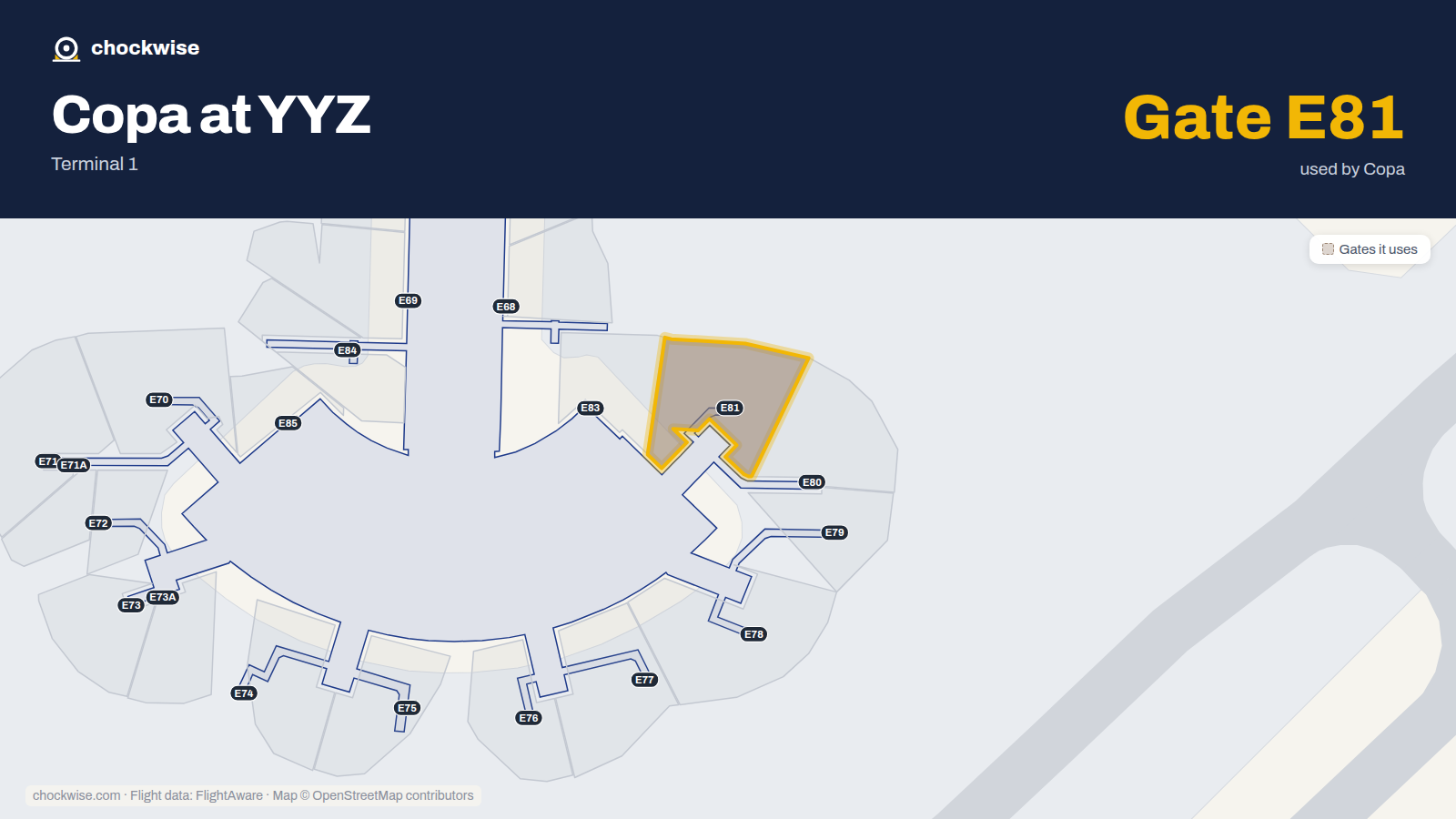 Map of YYZ with the gates Copa Airlines uses highlighted: E81.