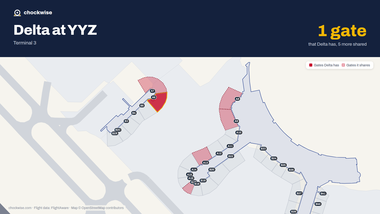Map of YYZ with the gates Delta Air Lines uses highlighted: A6.