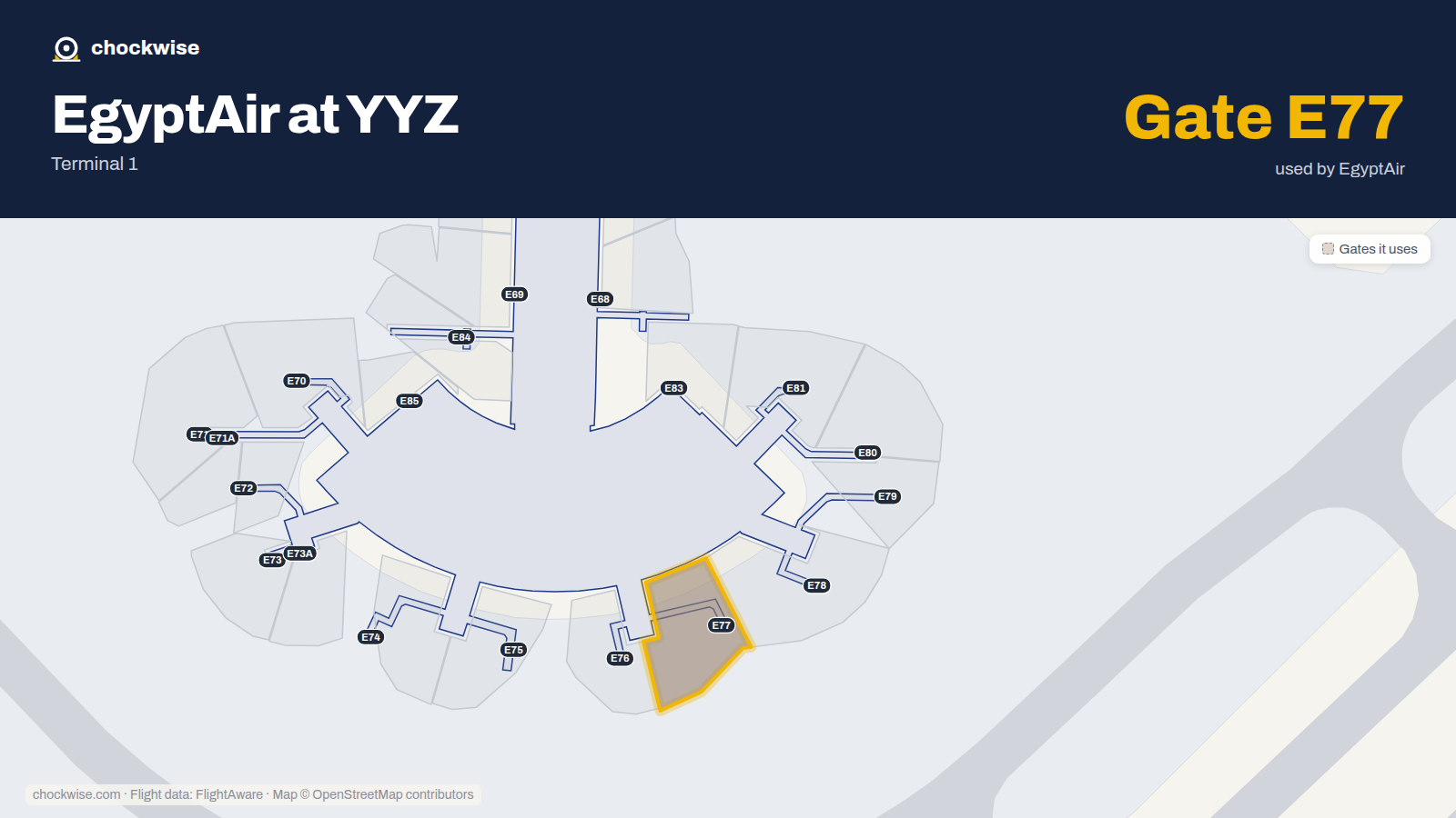 Map of YYZ with the gates EgyptAir uses highlighted: E77.