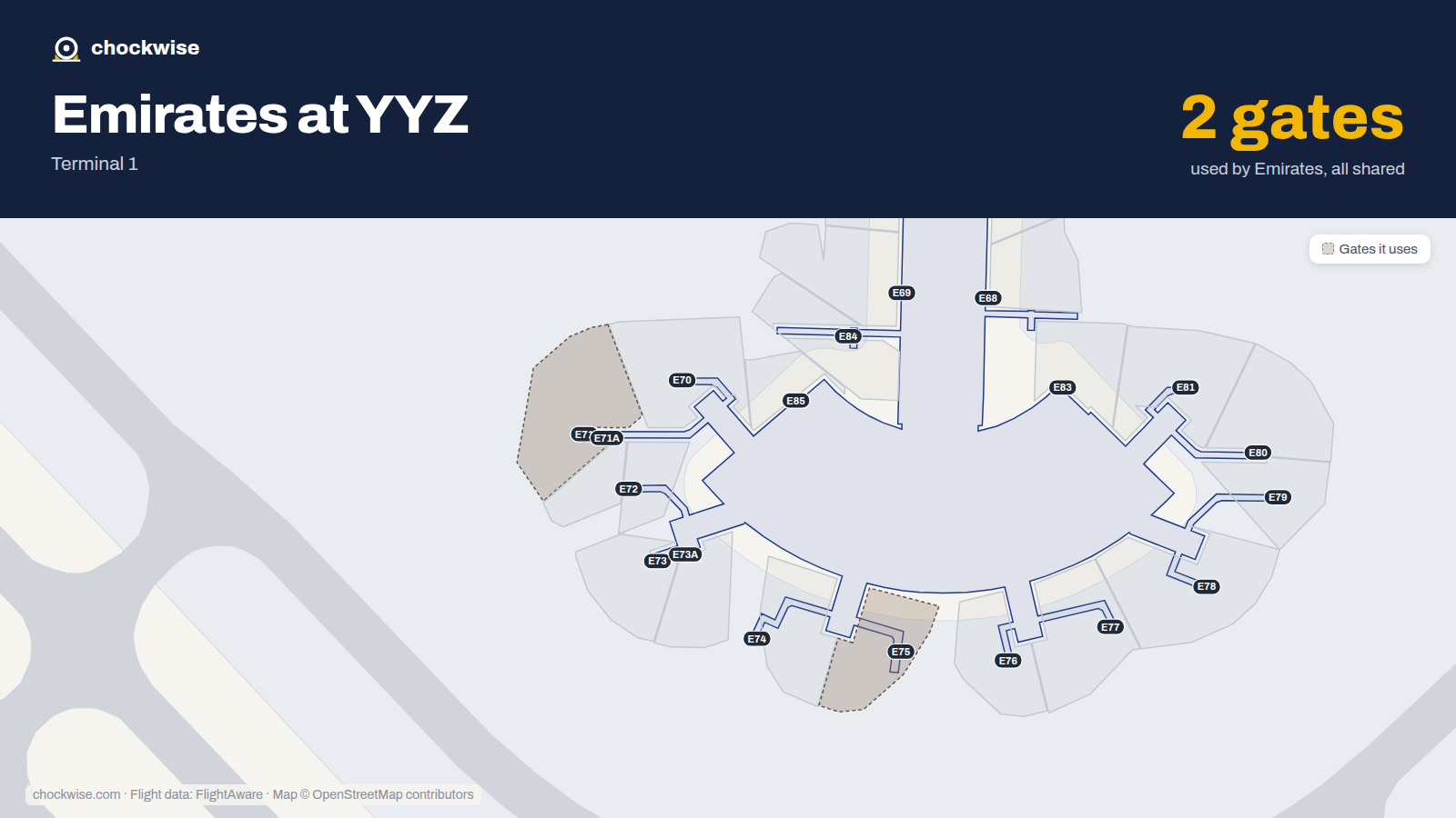 Map of YYZ with the gates Emirates uses highlighted: E71 and E75.