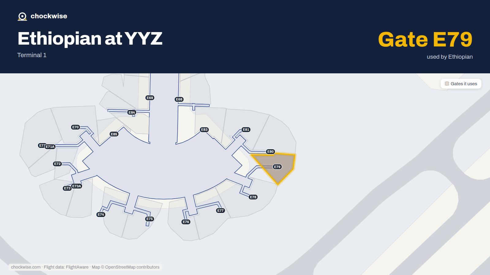 Map of YYZ with the gates Ethiopian Airlines uses highlighted: E79.