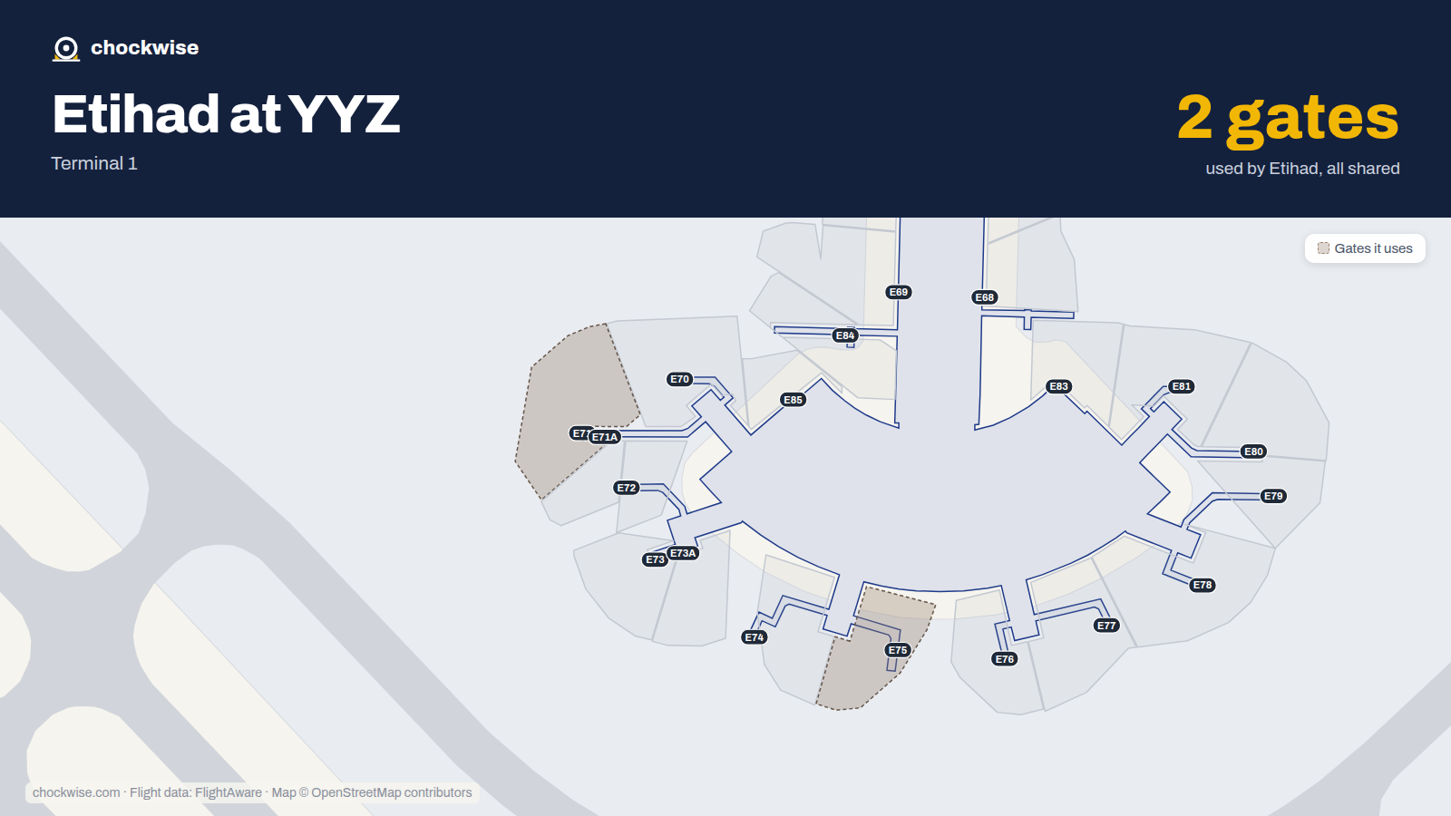 Map of YYZ with the gates Etihad Airways uses highlighted: E71 and E75.