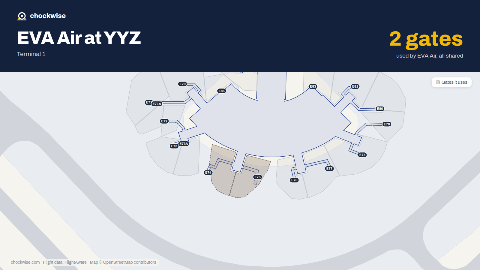 Map of YYZ with the gates EVA Air uses highlighted: E74 and E75.