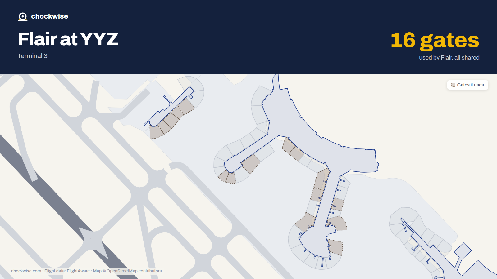 Map of YYZ with the gates Flair Airlines uses highlighted: B2A, B2C, B3, B4, B5, B17, B18, B20 and 8 more.
