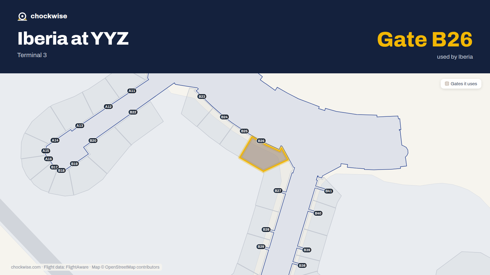 Map of YYZ with the gates Iberia uses highlighted: B26.