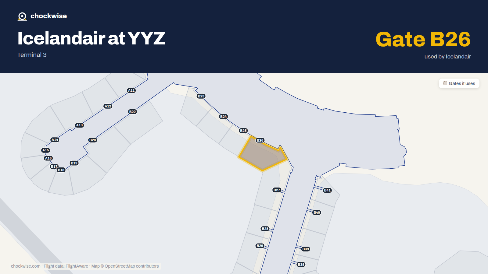 Map of YYZ with the gates Icelandair uses highlighted: B26.