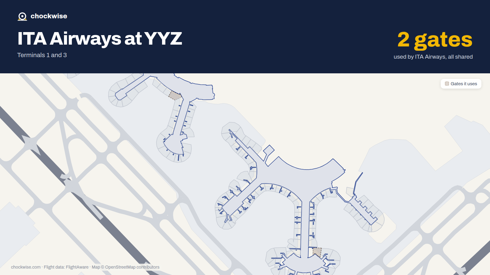 Map of YYZ with the gates ITA Airways uses highlighted: B26 and E83.
