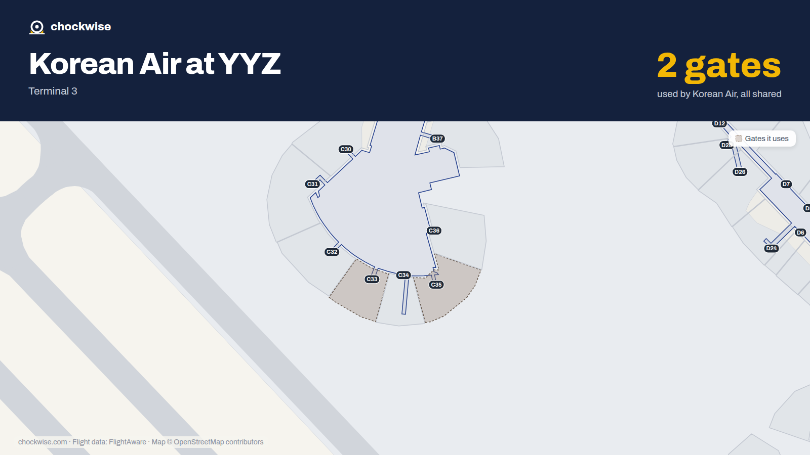 Map of YYZ with the gates Korean Air uses highlighted: C33 and C35.