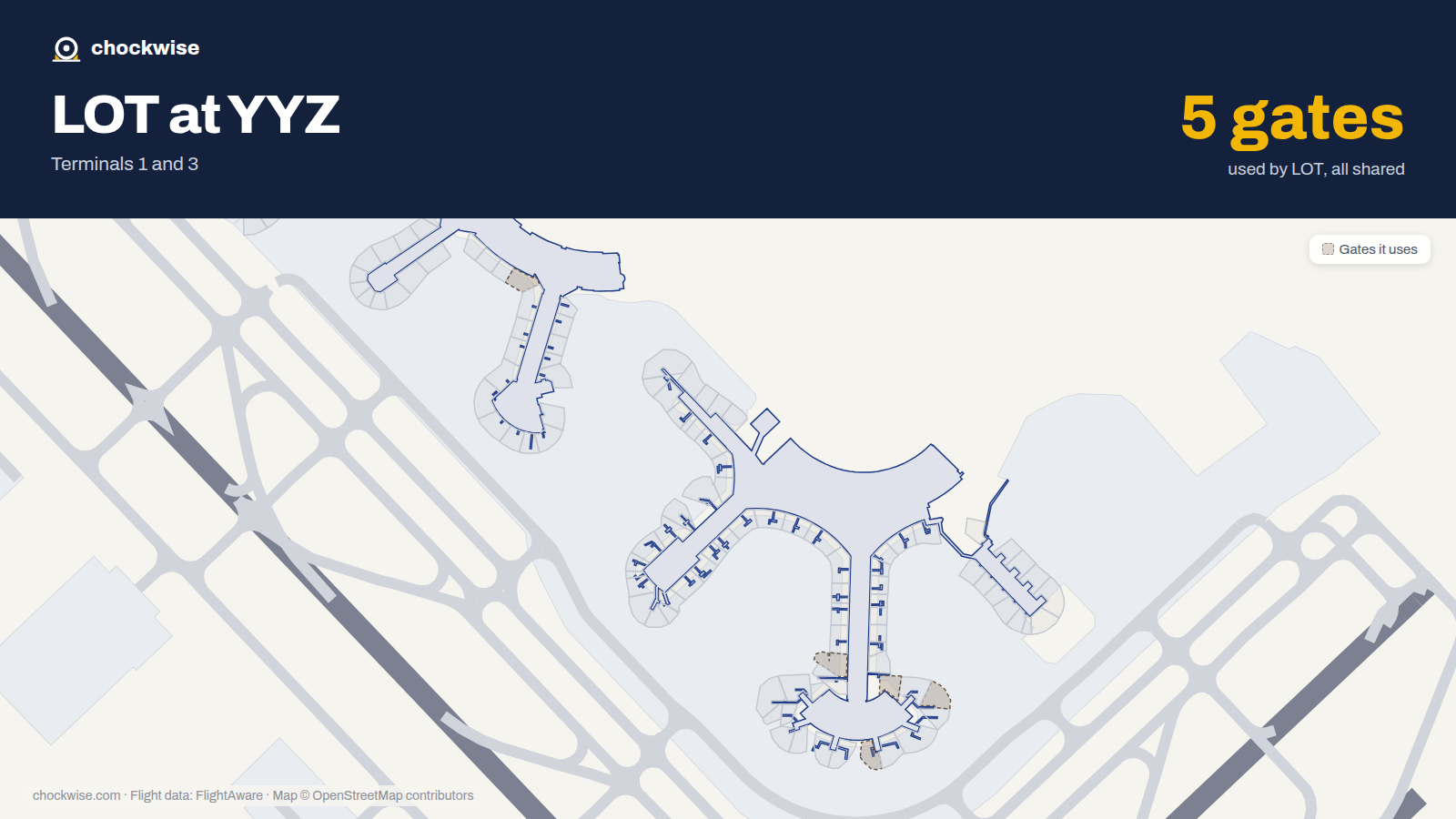 Map of YYZ with the gates LOT Polish Airlines uses highlighted: B26, E69, E76, E80 and E83.