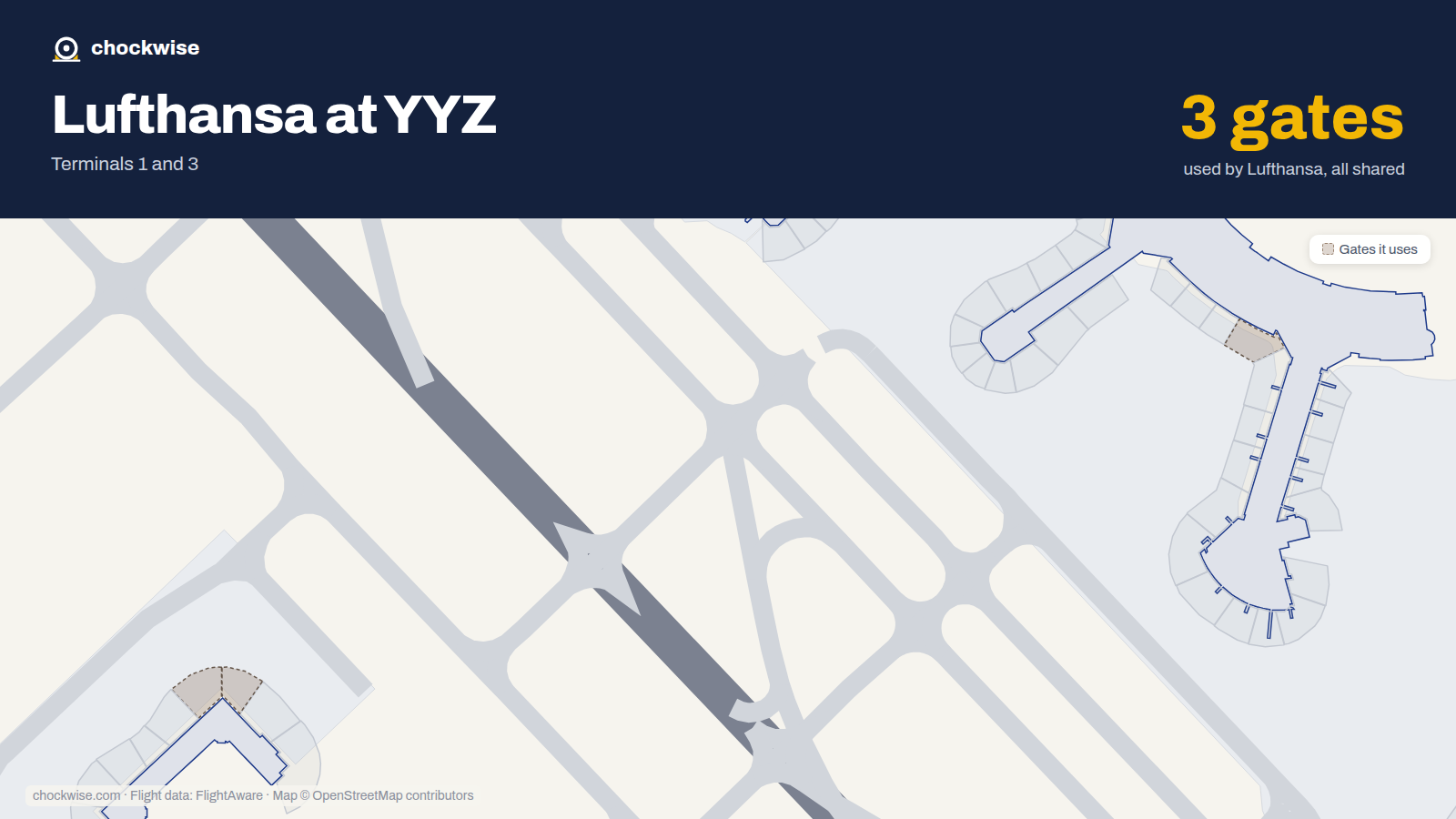 Map of YYZ with the gates Lufthansa uses highlighted: B26, 523 and 524.