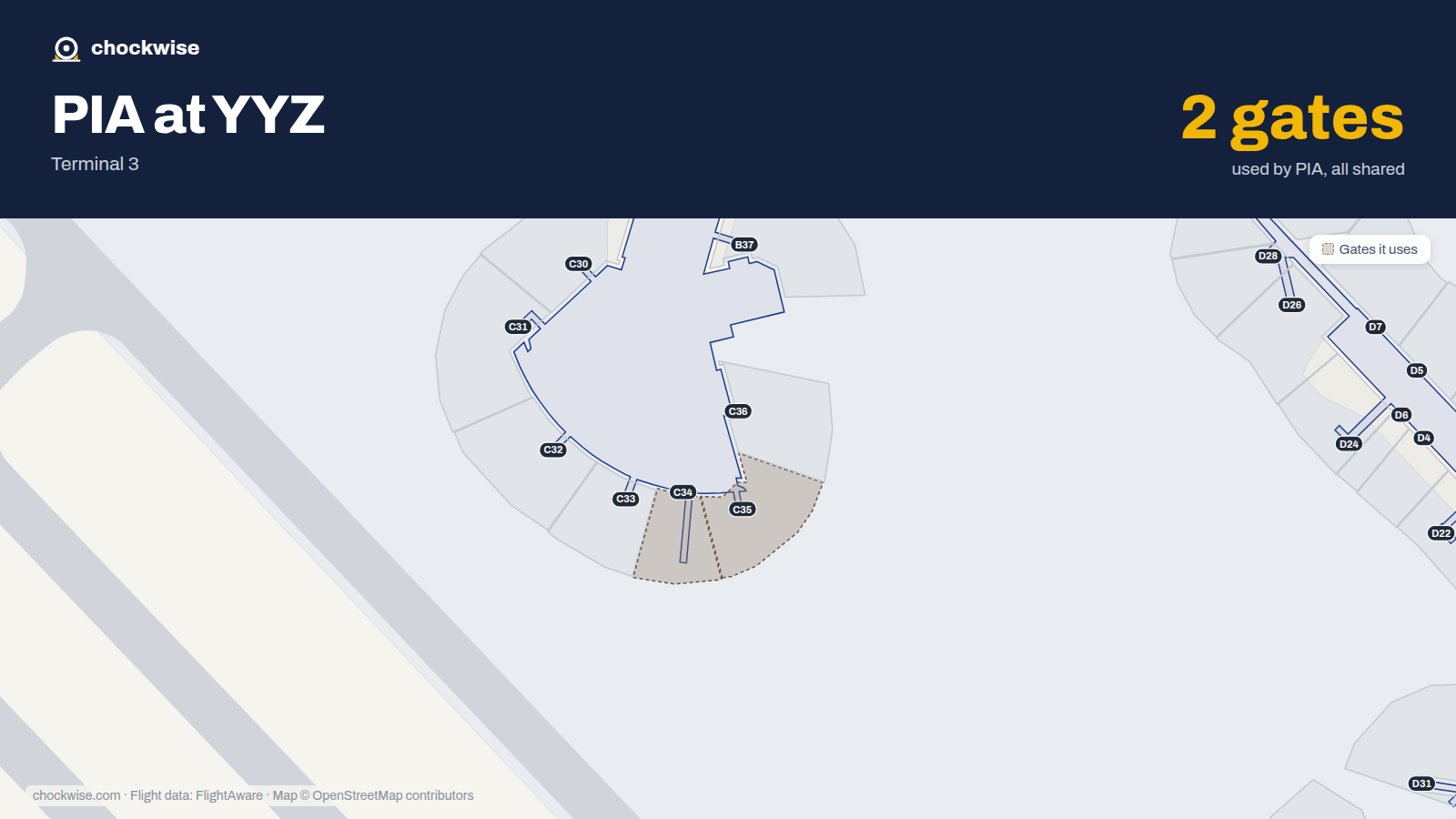 Map of YYZ with the gates Pakistan International Airlines uses highlighted: C34 and C35.