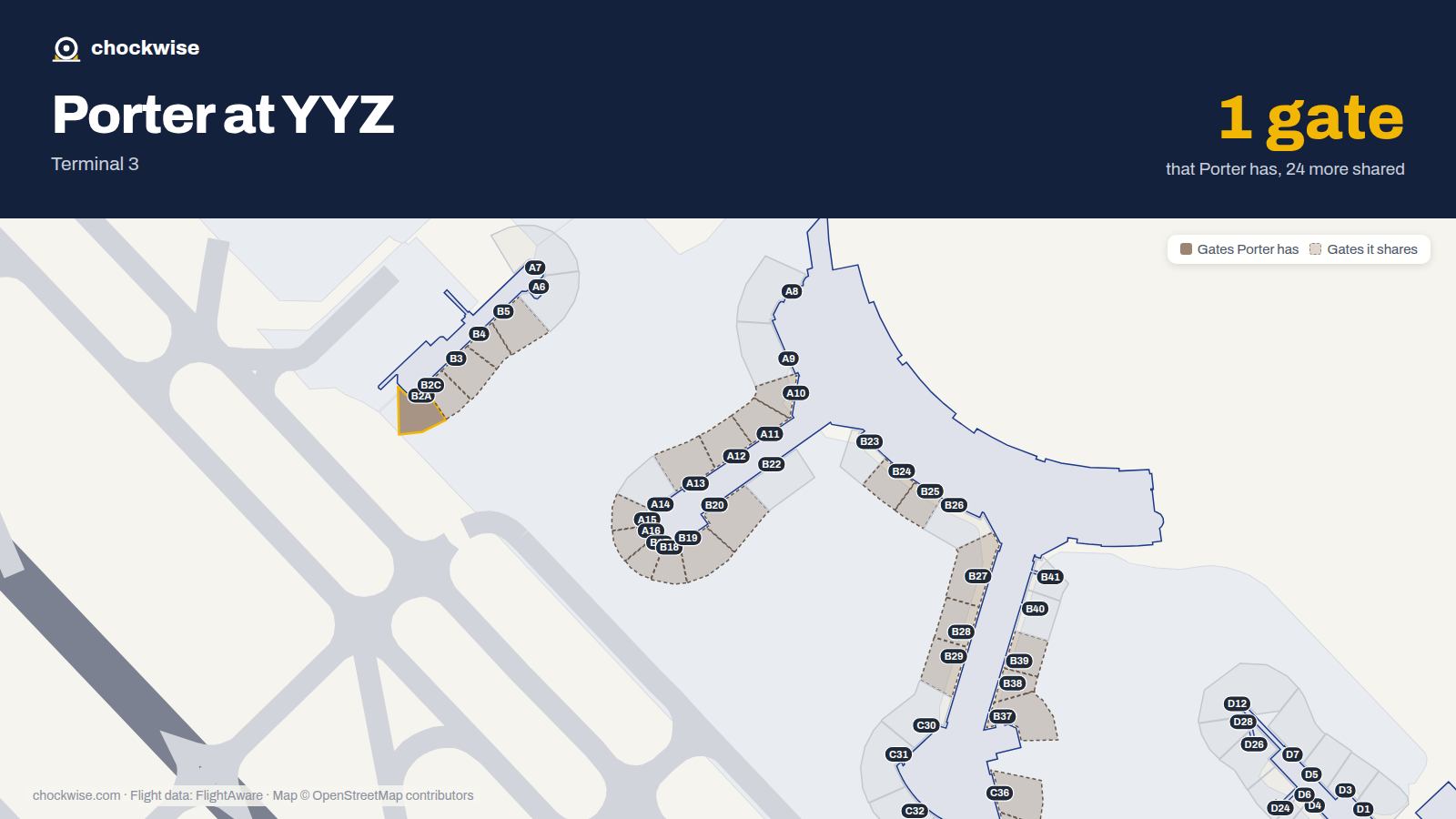 Map of YYZ with the gates Porter Airlines uses highlighted: B2A.