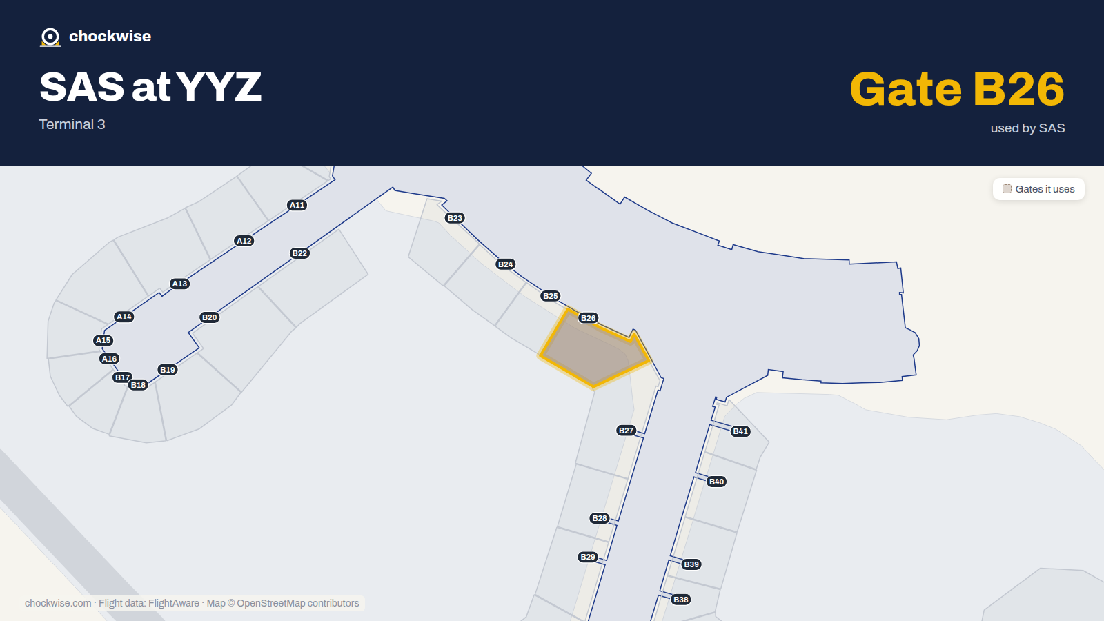 Map of YYZ with the gates SAS Scandinavian Airlines uses highlighted: B26.