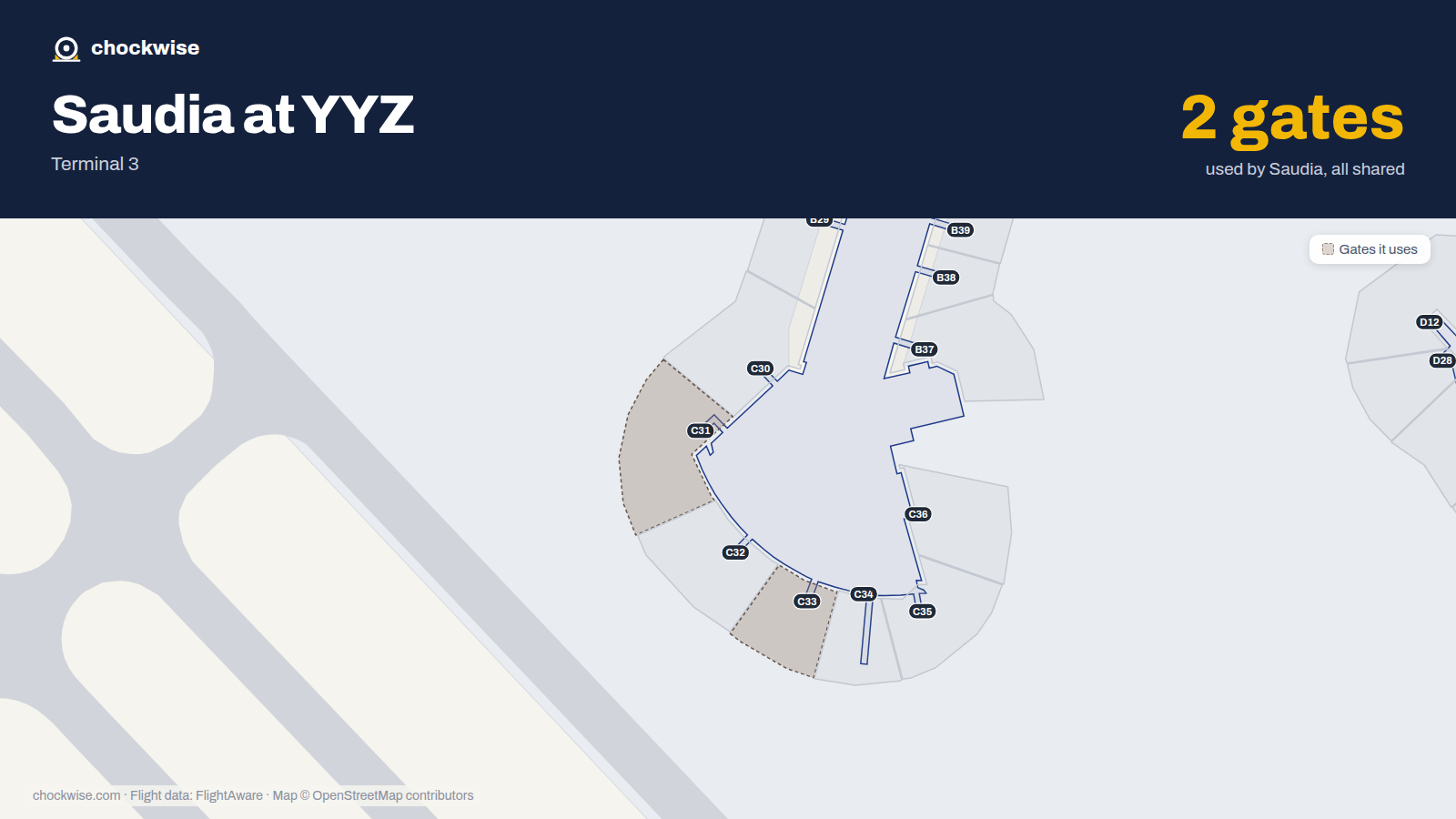 Map of YYZ with the gates Saudia uses highlighted: C31 and C33.
