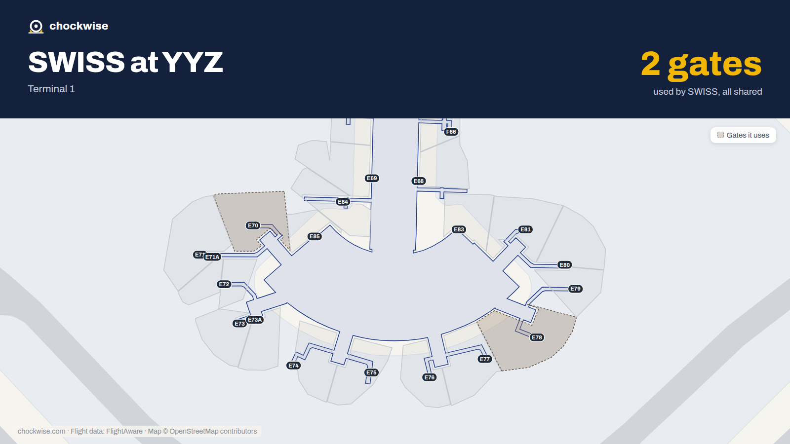 Map of YYZ with the gates SWISS uses highlighted: E70 and E78.
