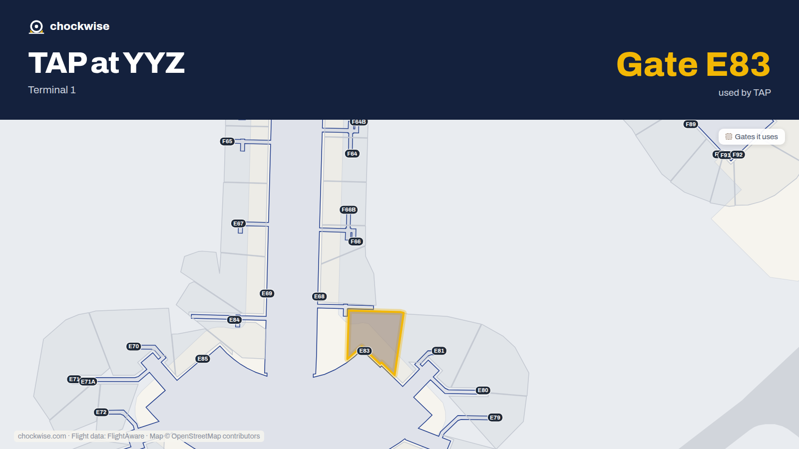 Map of YYZ with the gates TAP Air Portugal uses highlighted: E83.