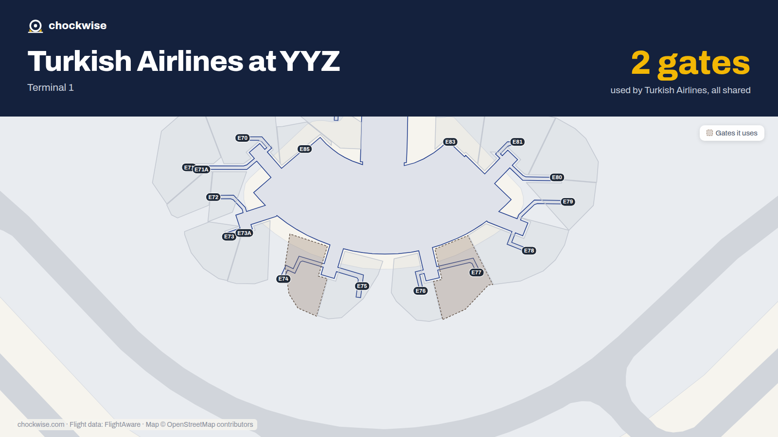 Map of YYZ with the gates Turkish Airlines uses highlighted: E74 and E77.