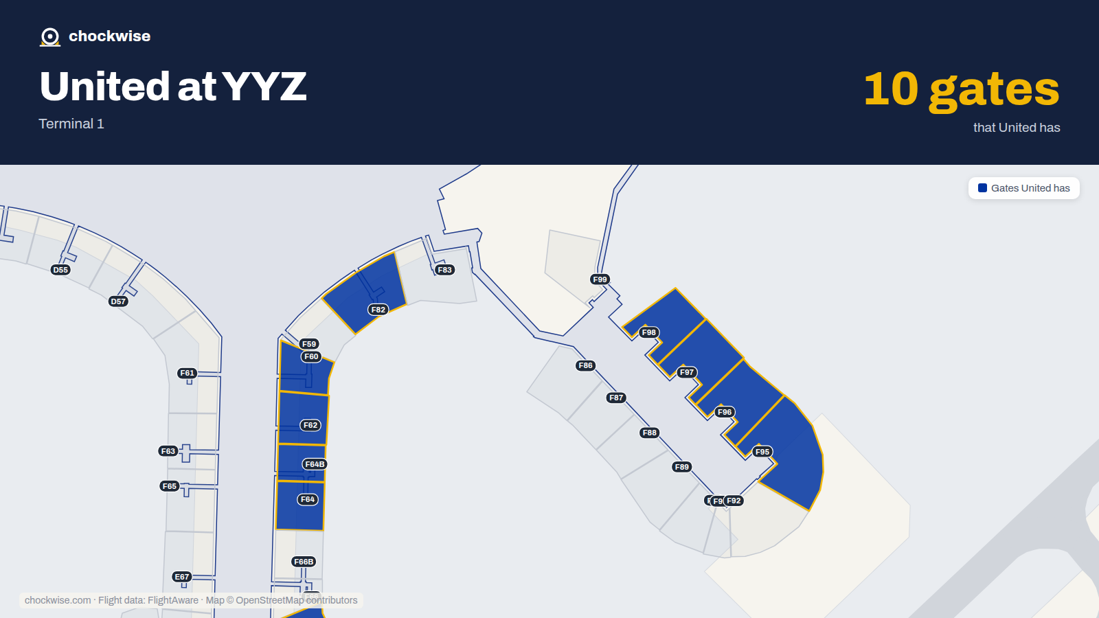 Map of YYZ with the gates United Airlines uses highlighted: F60, F62, F64, F64B, E68, F82, F95, F96 and 2 more.