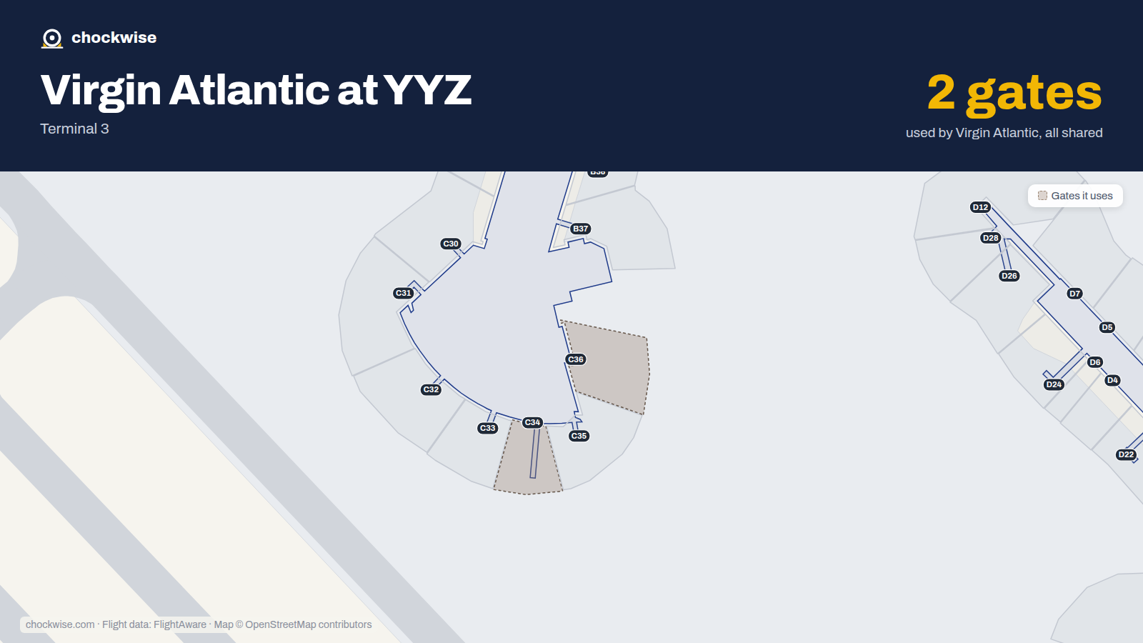 Map of YYZ with the gates Virgin Atlantic uses highlighted: C34 and C36.