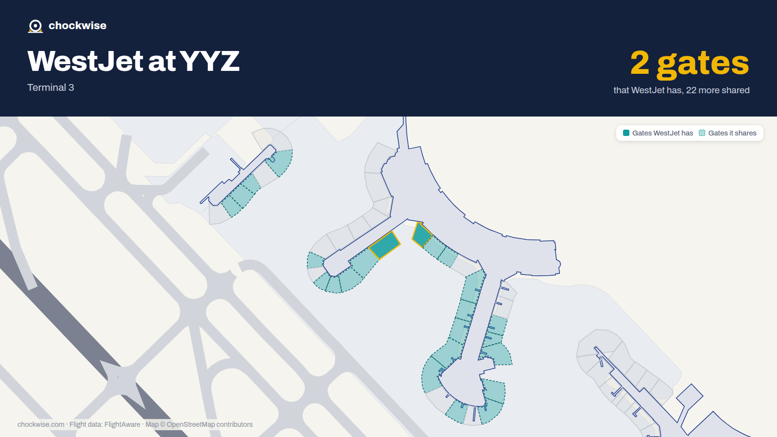 Map of YYZ with the gates WestJet uses highlighted: B22 and B23.