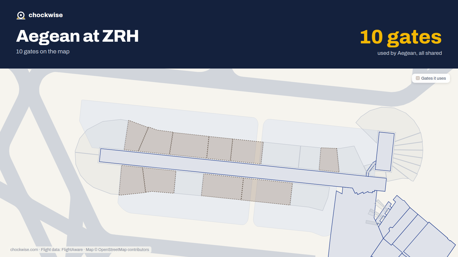 Map of ZRH with the gates Aegean Airlines uses highlighted: A63, A67, A71, A72, A73, A75, A81, A82 and 2 more.