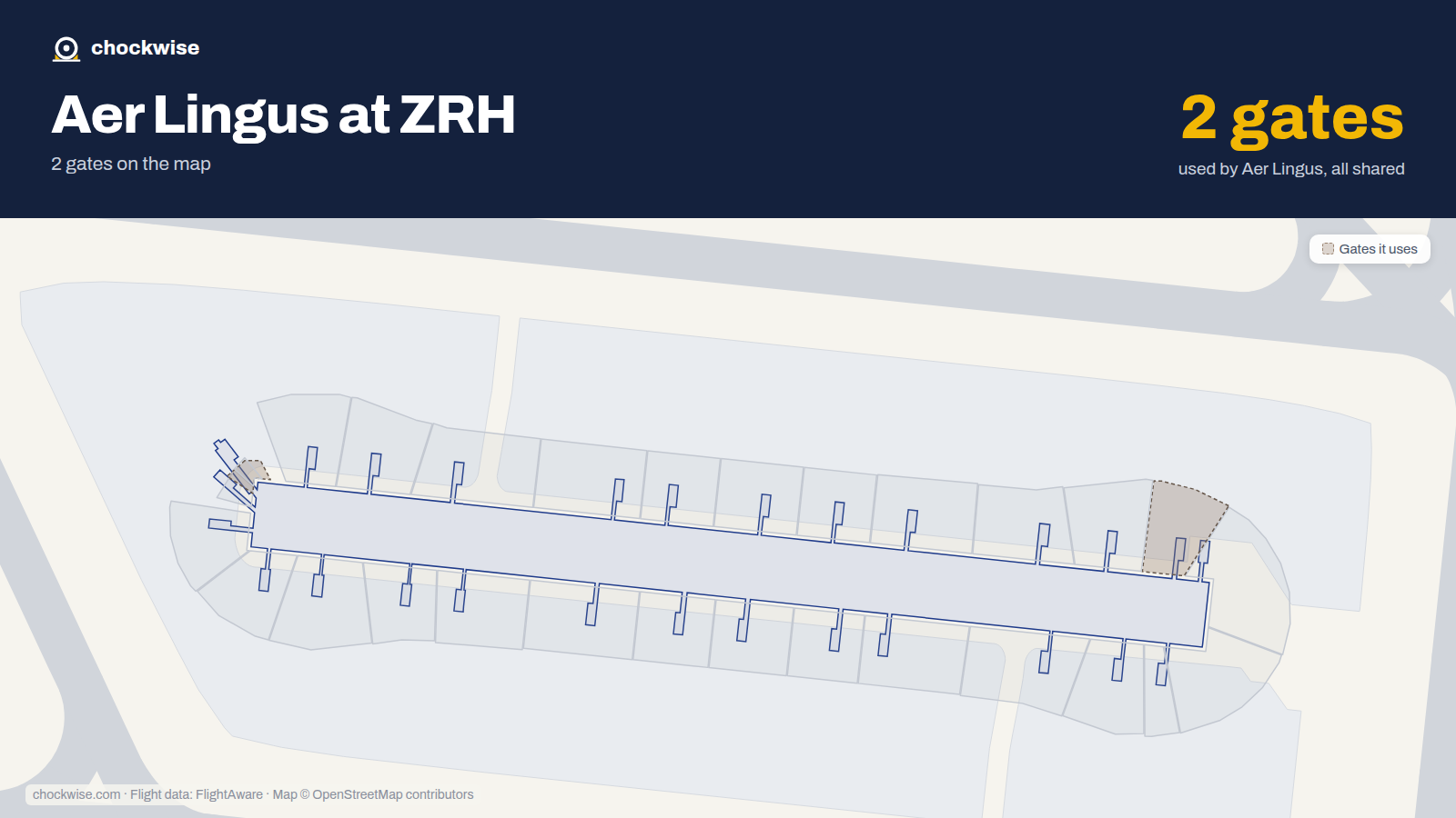 Map of ZRH with the gates Aer Lingus uses highlighted: E23 and E64.