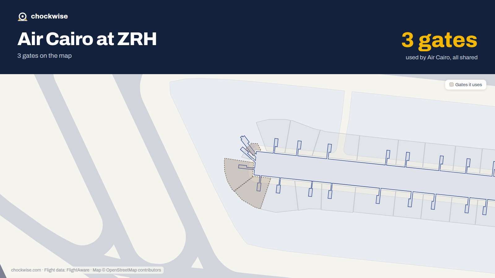 Map of ZRH with the gates Air Cairo uses highlighted: E58, E62 and E64.