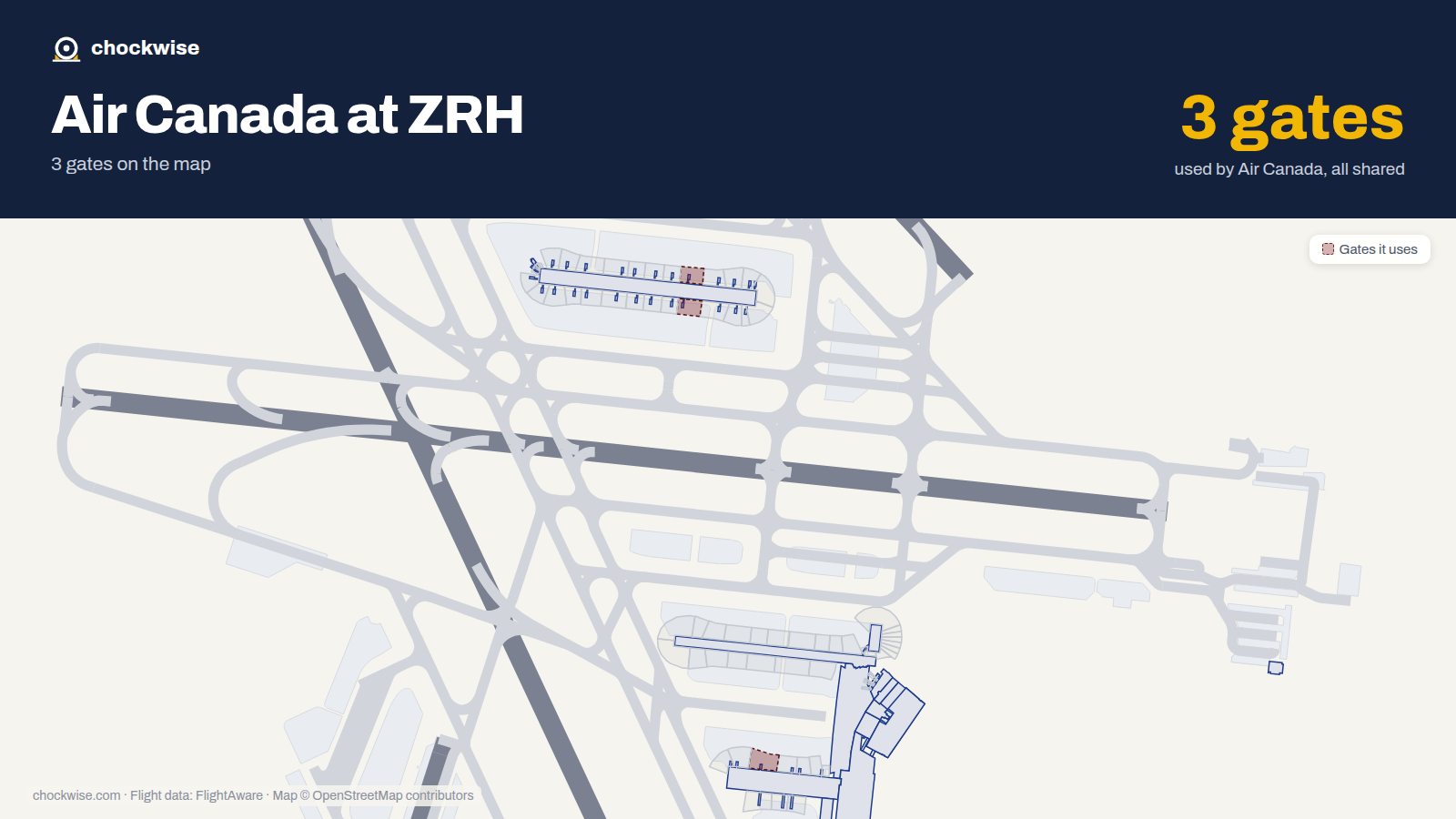 Map of ZRH with the gates Air Canada uses highlighted: E34, E35 and B39.