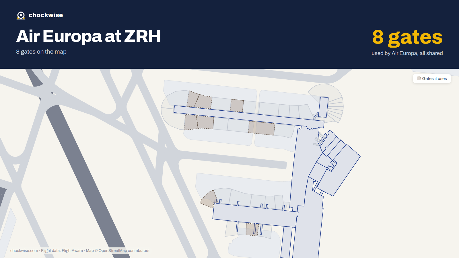 Map of ZRH with the gates Air Europa uses highlighted: B36, B43, A67, A72, A81, A82, A83 and A84.