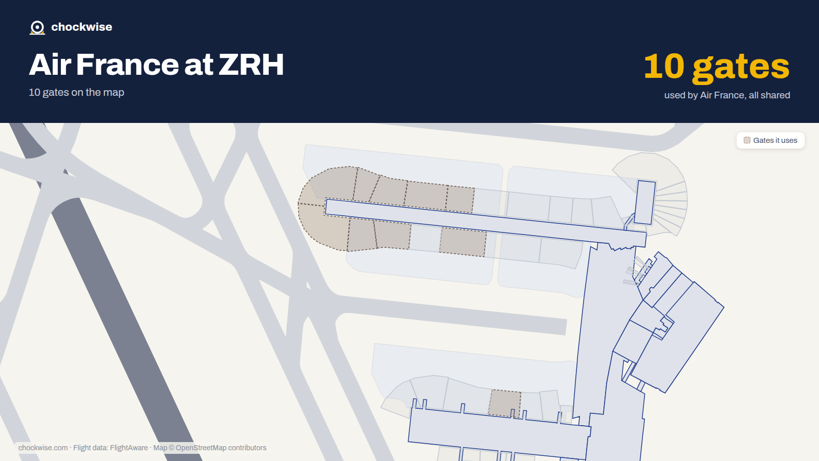 Map of ZRH with the gates Air France uses highlighted: B35, A72, A73, A75, A81, A82, A83, A84 and 2 more.
