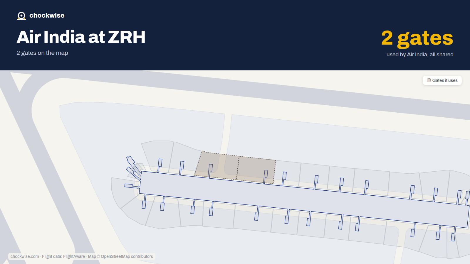 Map of ZRH with the gates Air India uses highlighted: E47 and E53.