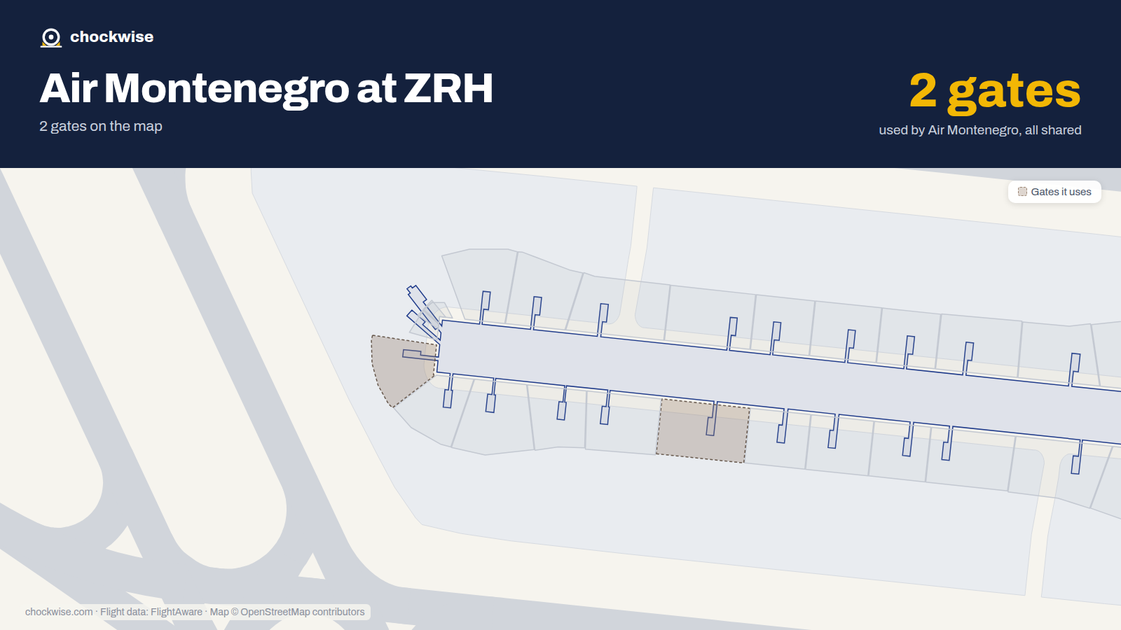 Map of ZRH with the gates Air Montenegro uses highlighted: E46 and E62.