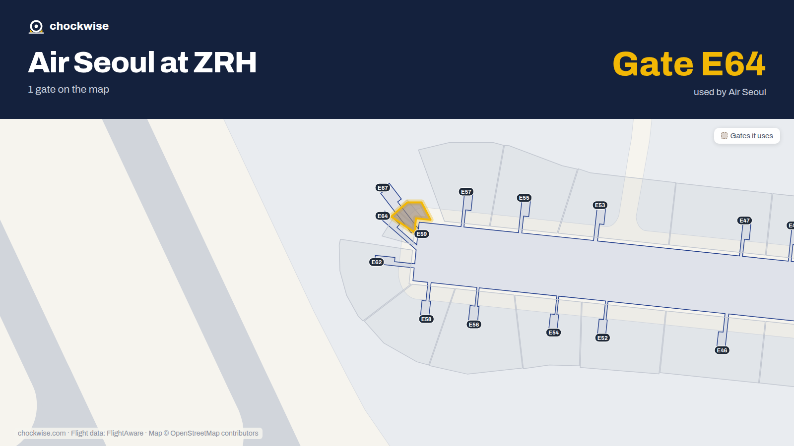 Map of ZRH with the gates Air Seoul uses highlighted: E64.