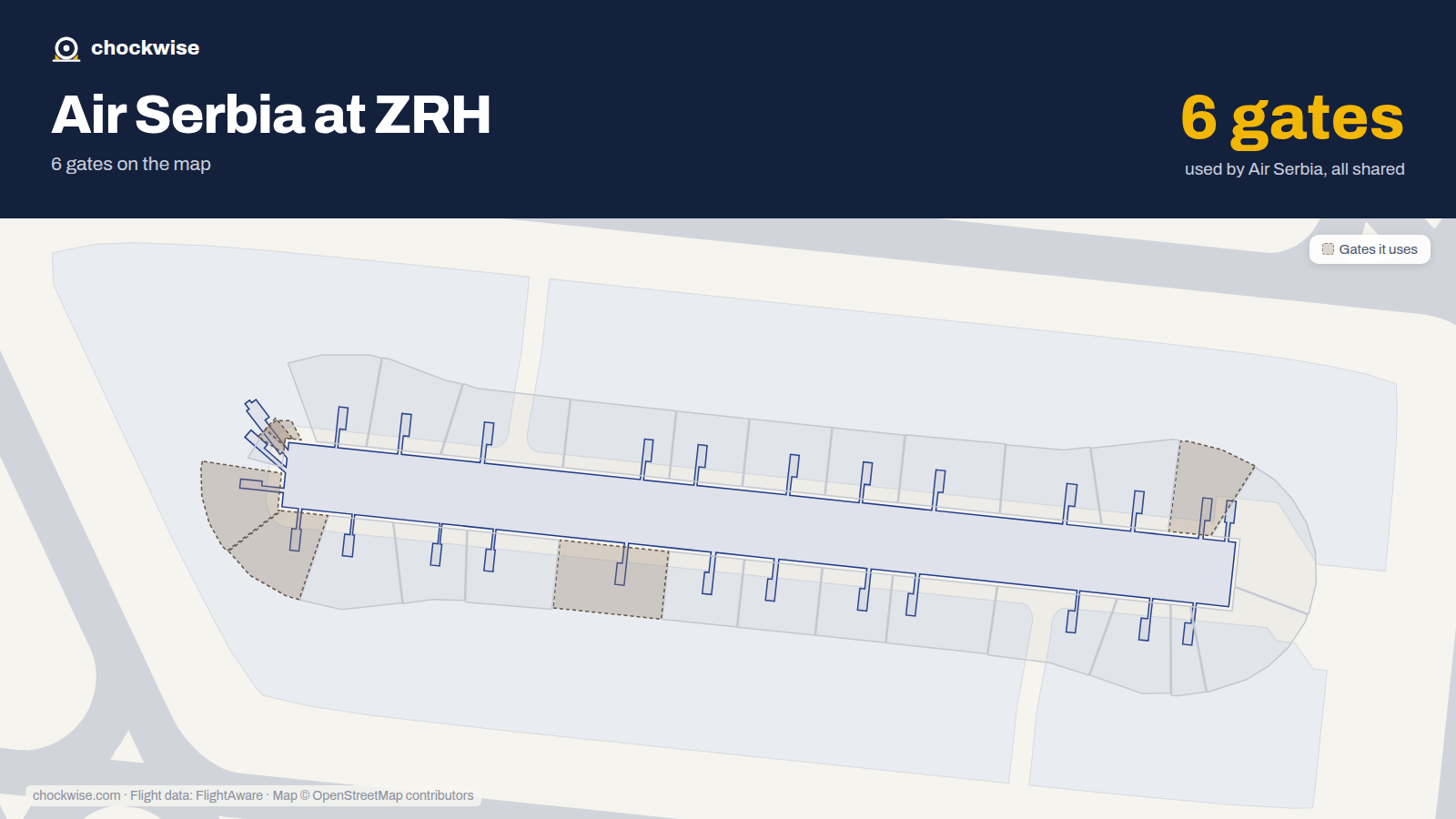 Map of ZRH with the gates Air Serbia uses highlighted: E23, E46, E58, E62, E64 and E67.