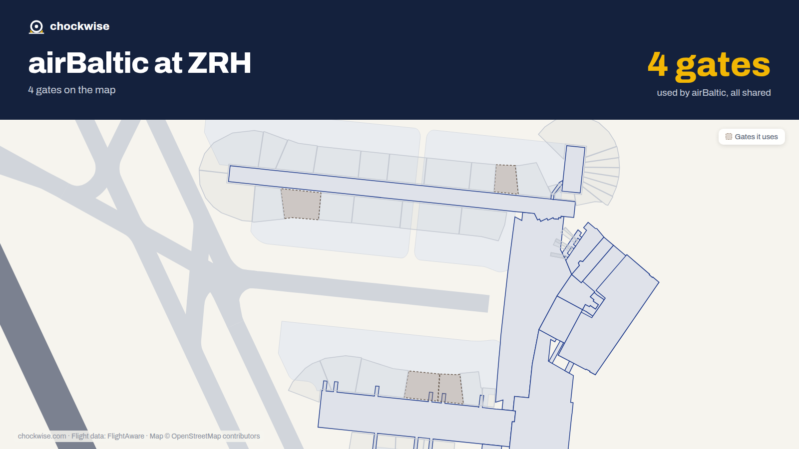 Map of ZRH with the gates airBaltic uses highlighted: B33, B35, A63 and A81.